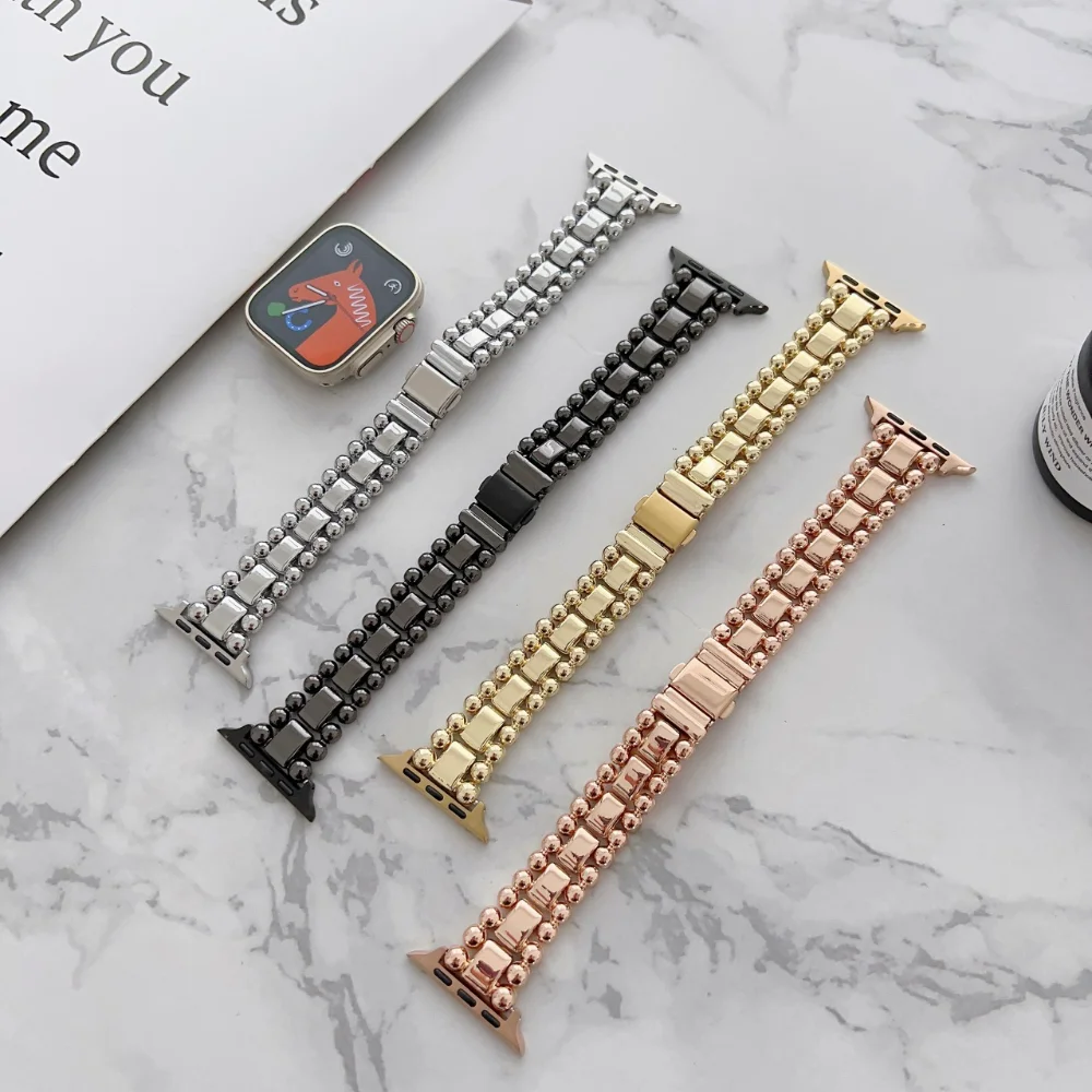 

Metal Strap for Apple Watch Band 49mm 45mm 44mm 42mm 41mm 40mm 38mm Stainless Steel Bead Bracelet for iWatch 8 Ultra 3 5 6 7 SE