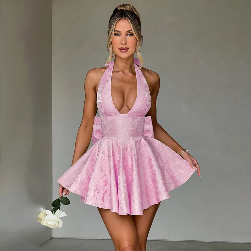 Halter Jacquard Backless Bow Short Dress Women's Halter Lace Up Pink Black Blue Mini Dresses Y2K Evening Party Birthday Summer