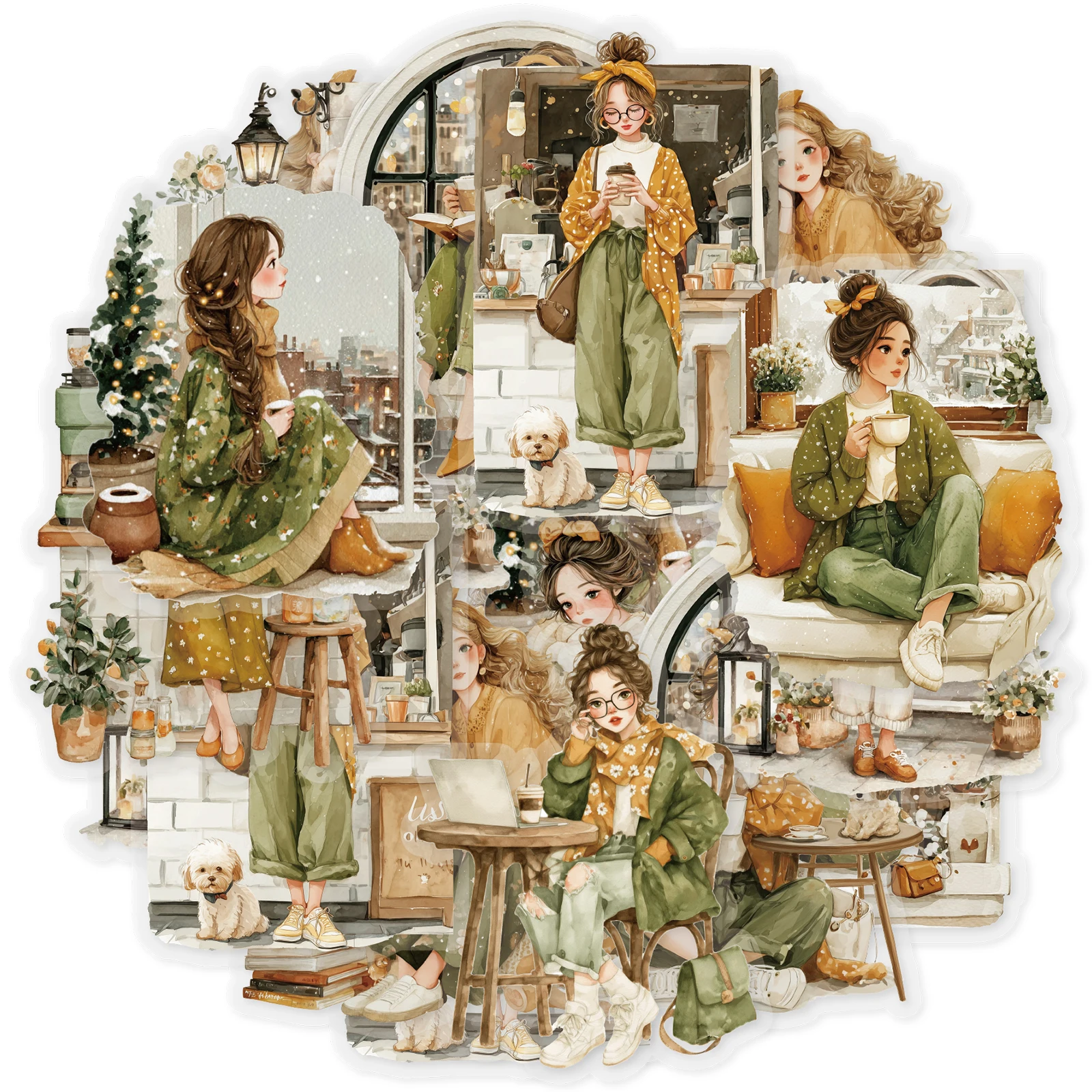 Etori Life Paquete de pegatinas para mascotas con patrón artístico vintage de la tarde con fragancia de café, bolsa de papel de regalo DIY, suministros para álbumes de recortes, cuaderno, pegatinas para teléfono, botella de agua, decoración de fiesta, peg
