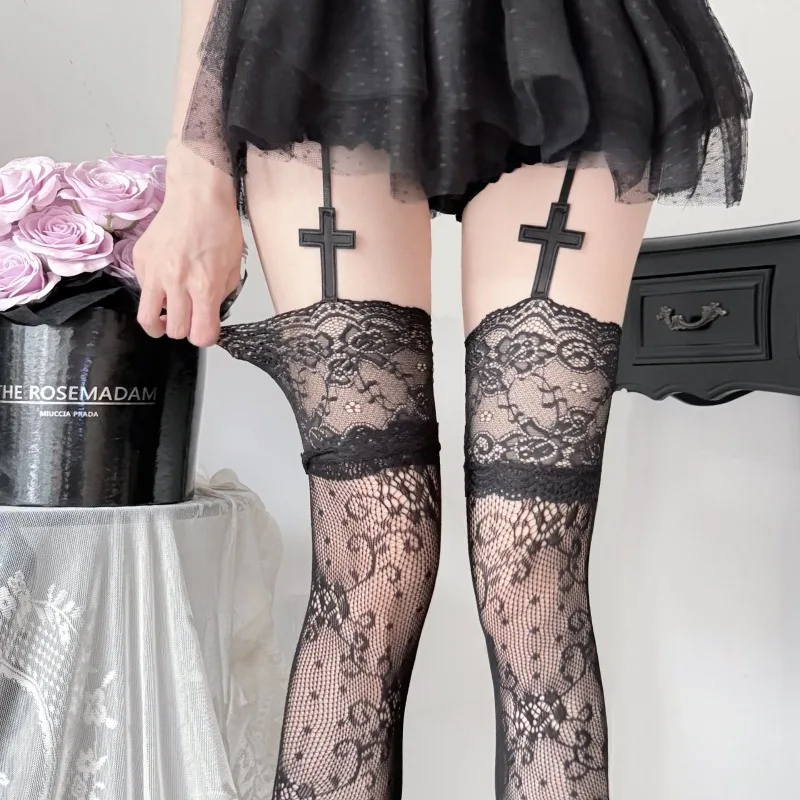 

Jacquard Gothic Cross Lace Pattern Sheer Thigh Highs Sexy Y2K Retro Suspender Stockings for Dark Academia JK Alternative Style