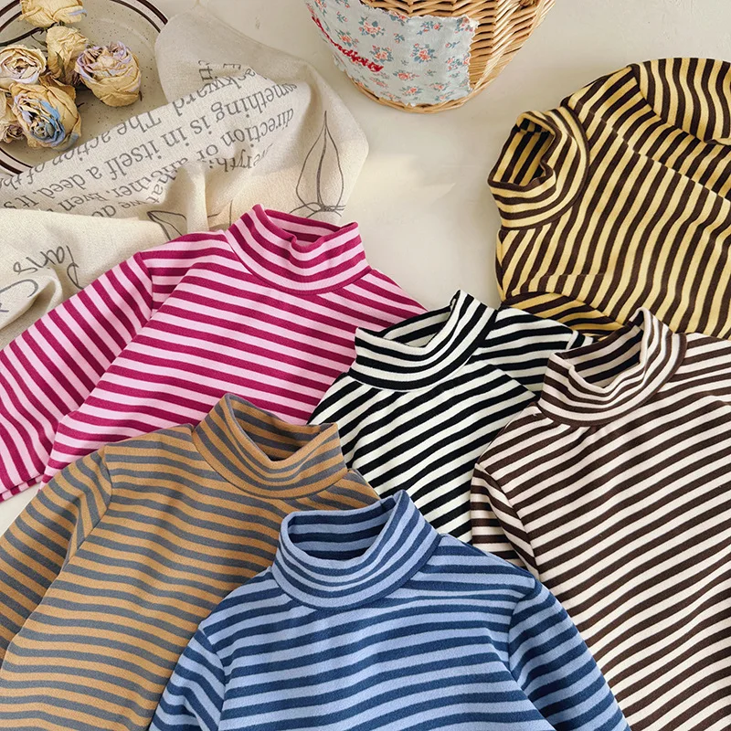 Xty-2024Winter New Versatile Striped ChildrenTT-shirt Trendy Semi-High Collar Boys and Girls Bottoming Shirt Fashion