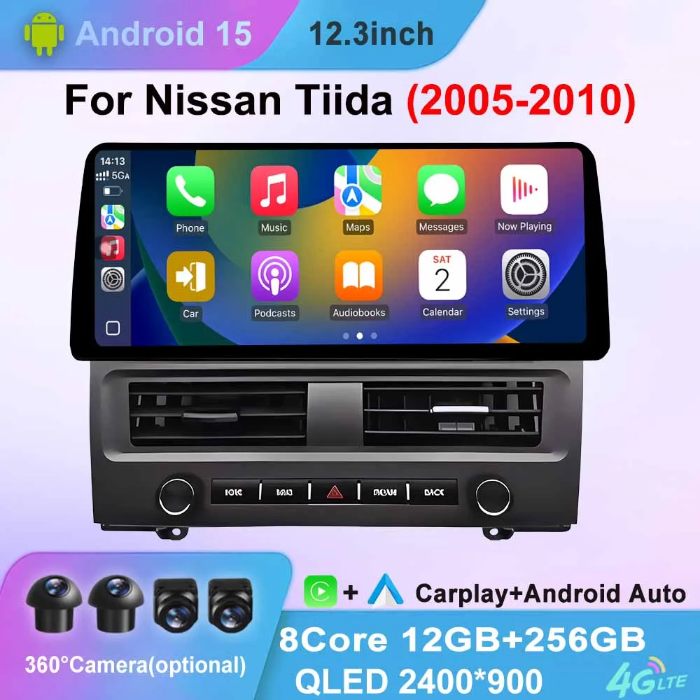 

Автомобильный радиоприемник для Nissan Tiida 2005-2010, 12,3-дюймовый мультимедийный навигационный GPS, 4G, WIFI, Android 15 BT, беспроводной сенсорный экран CarPlay