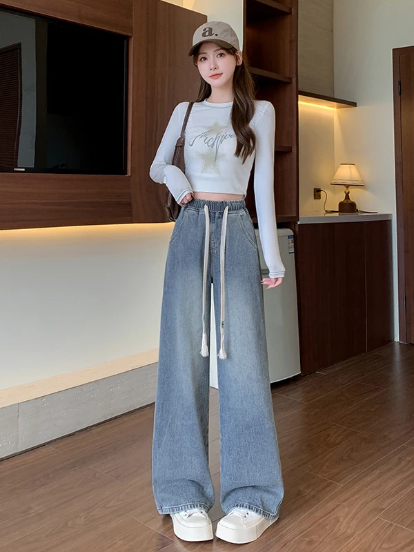 Fleece Lined Casual High Waist Straight Leg Jeans Women's plus Size Autumn Winter Denim Pants Loose Fit Straight Tube Trousers