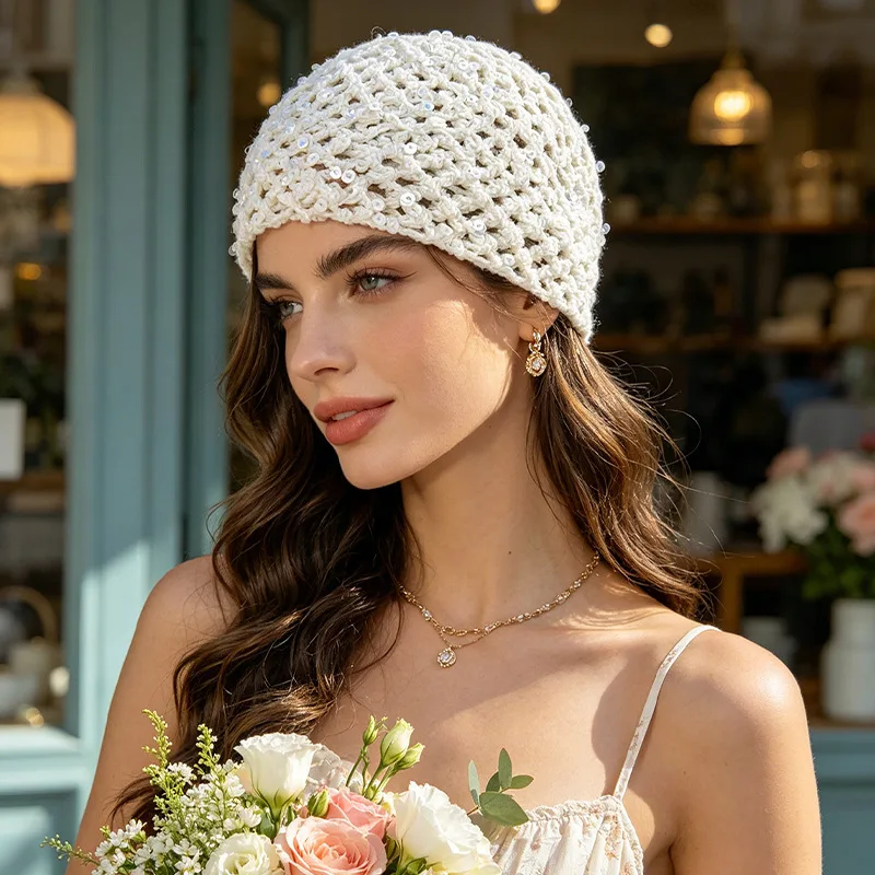 Women Sequin Crochet Beanie Hollow Knit Breathable Skull Cap Solid Color Face Slimming Spring Autumn Travel Head Wrap Hat