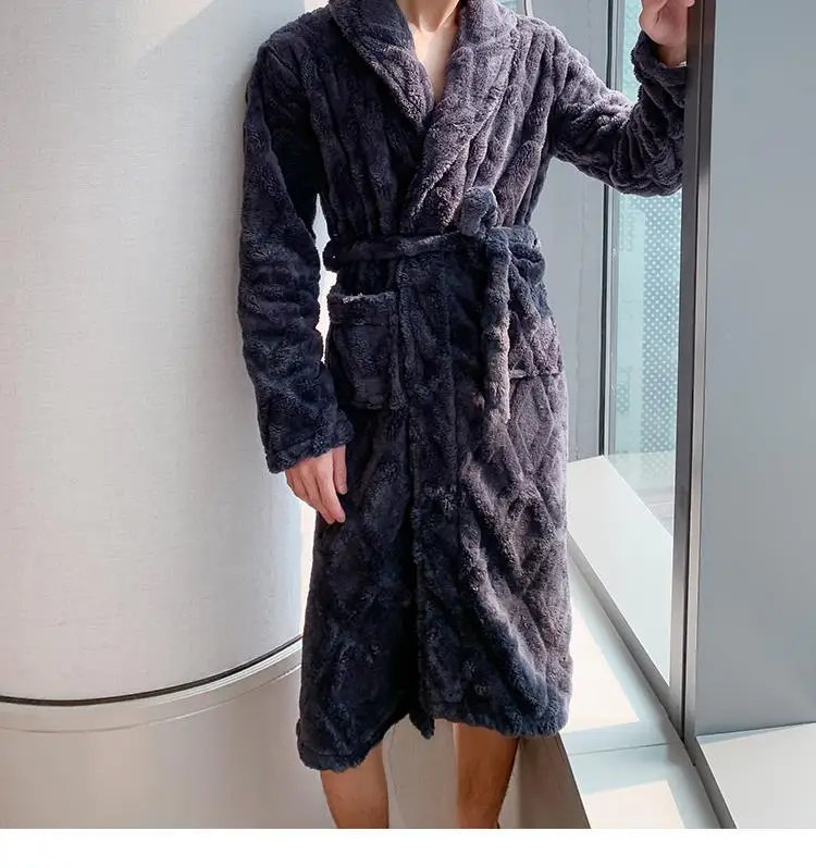 PLUS SIZE 3XL Winter Men Kimono Bathrobe Gown Thickened Flannel Robe Sleepwear Grey Warm Coral Fleece Home Wear Loose Loungewear