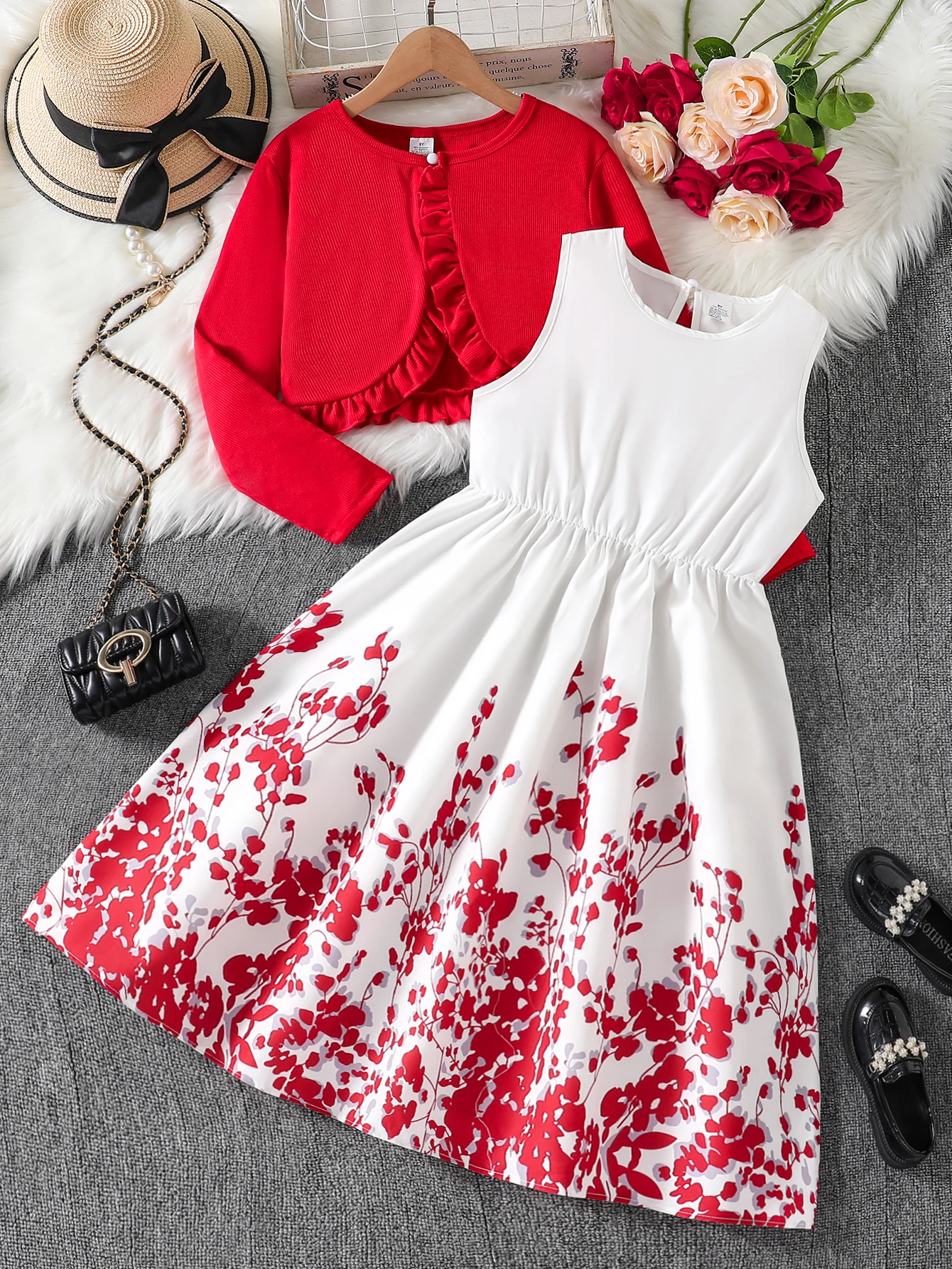 

Autumn New Girls' Knitted Cardigan Small Shawl Coat + Printed Vest Dress, Girls' Beach Skirt Set