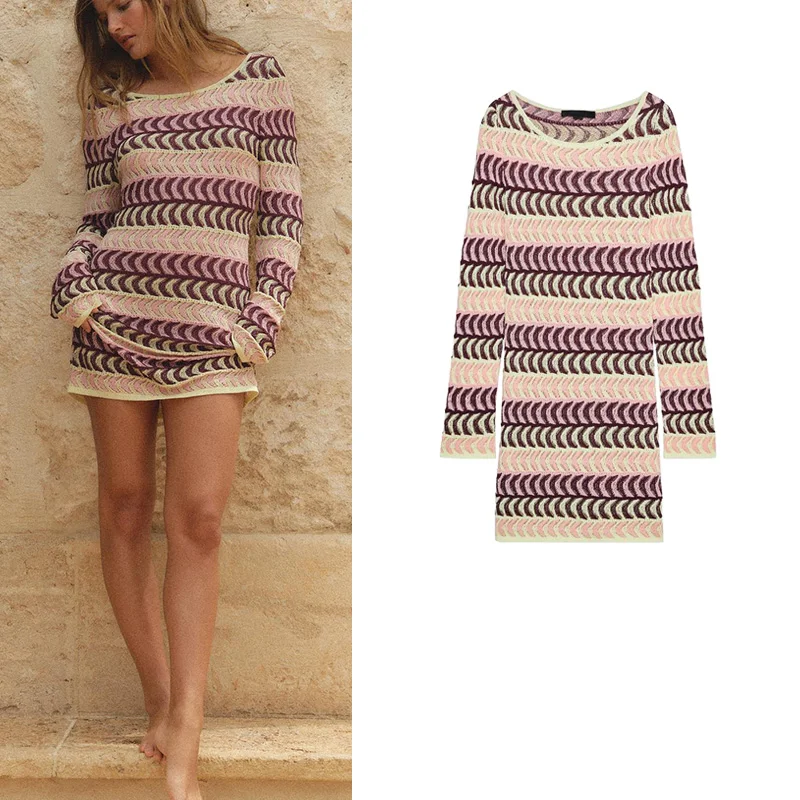 

Новое летнее женское трикотажное платье миди с принтом, длинным рукавом, круглым вырезом, свободной талией, повседневное, А-силуэт, для пляжного отдыха