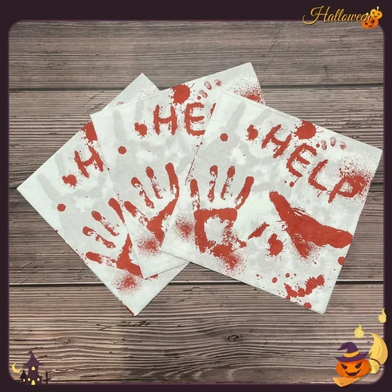 Serviettes à motif d'empreinte de main rouge pour fête d'halloween, 20 pièces, napperons en papier pour décoration d'ambiance, verres à vin pour Restaurant, papier floral