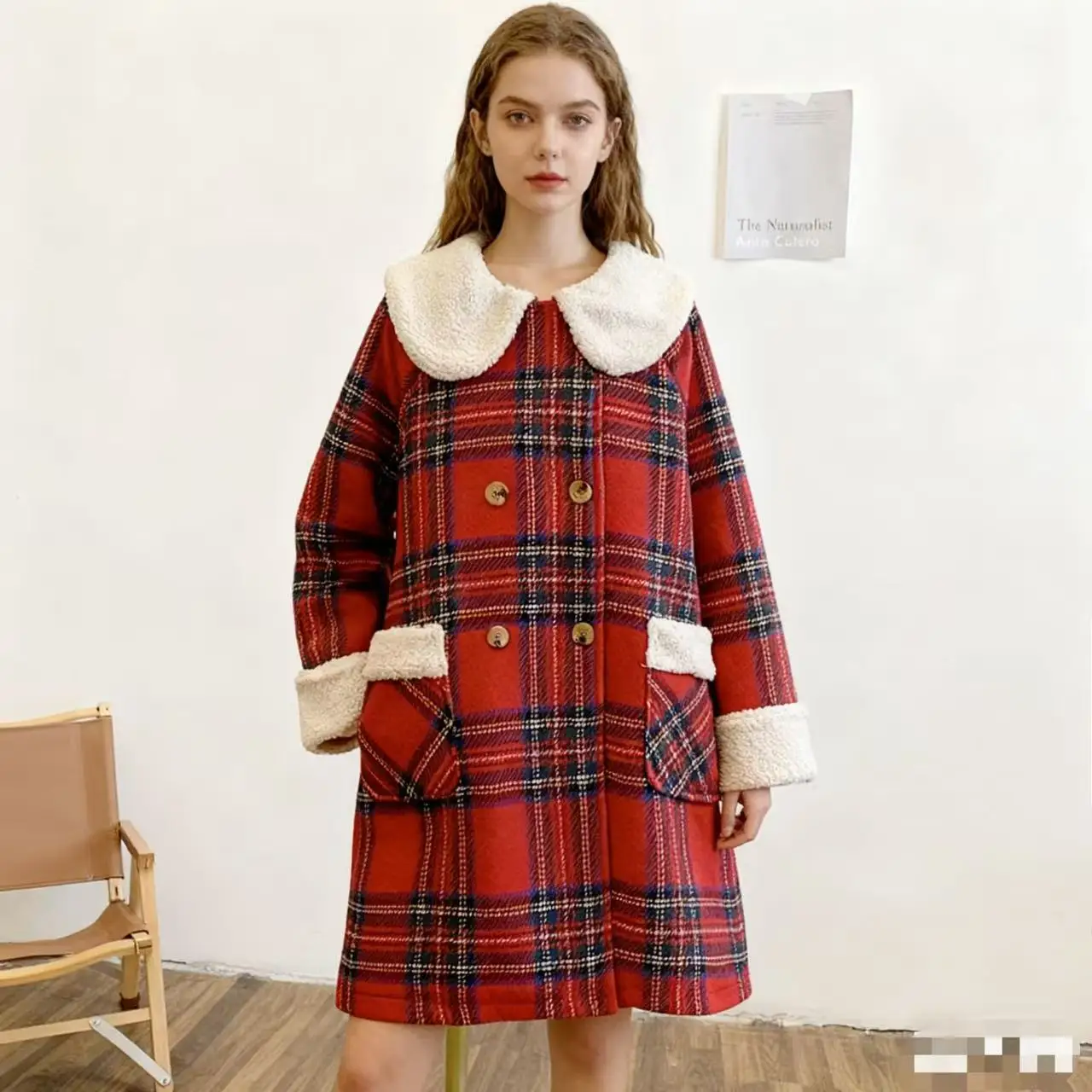 

Plaid Furry Splice Detachable Quilted Inner Cotton Double-Breasted Doll Collar Woolen Jacket