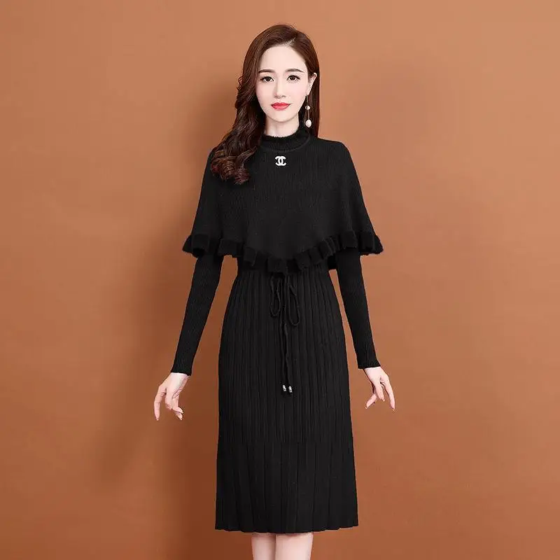 Women's knitted dress 2024 autumn/winter Hong Kong style new temperament mid length versatile cover up+dress