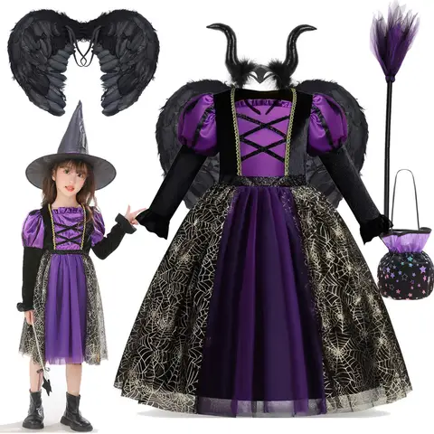 Costume d'halloween pour filles, Cosplay de sorcière, robe noire gothique fantôme pour enfants, vêtements de princesse de fête de carnaval