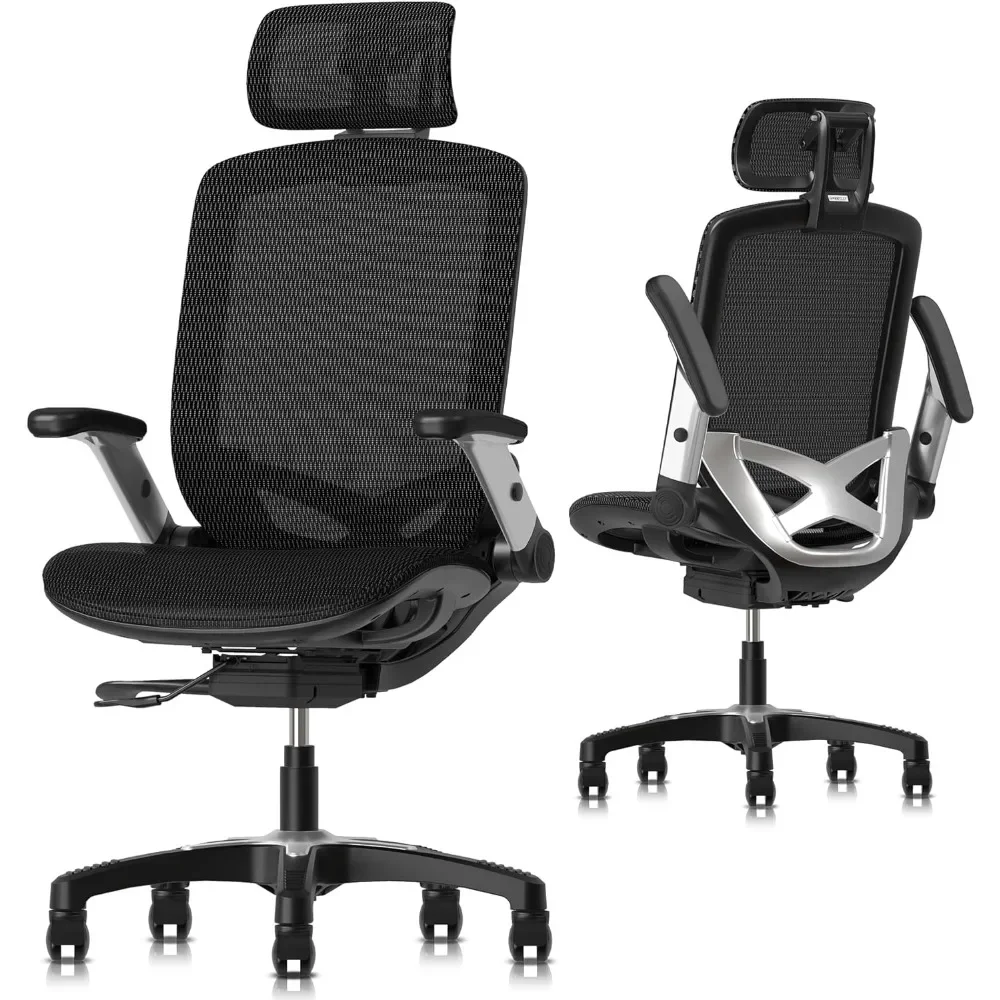 Cadeira ergonômica de escritório Mesh, Cadeiras de mesa de encosto alto, Assento deslizante, Braço dobrável ajustável, Encosto de cabeça 2 D