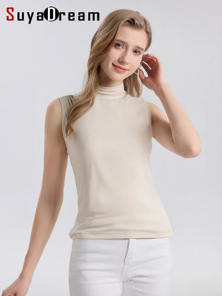 SuyaDream. Women Solid Tanks, 92%Real Silk, Mock Neck, Sleeveless Chic T Shirt, 2025 Solid Summer Vests