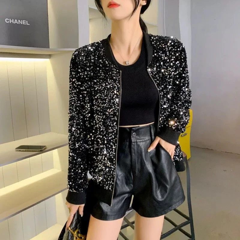 Damen Schwarze Pailletten-Bomberjacke Funkelnde Strass-Kurzjacke Glitzer-Blazer für Party Ausgehen Schicke Clubwear-Jacke Oberteile – Detail 1