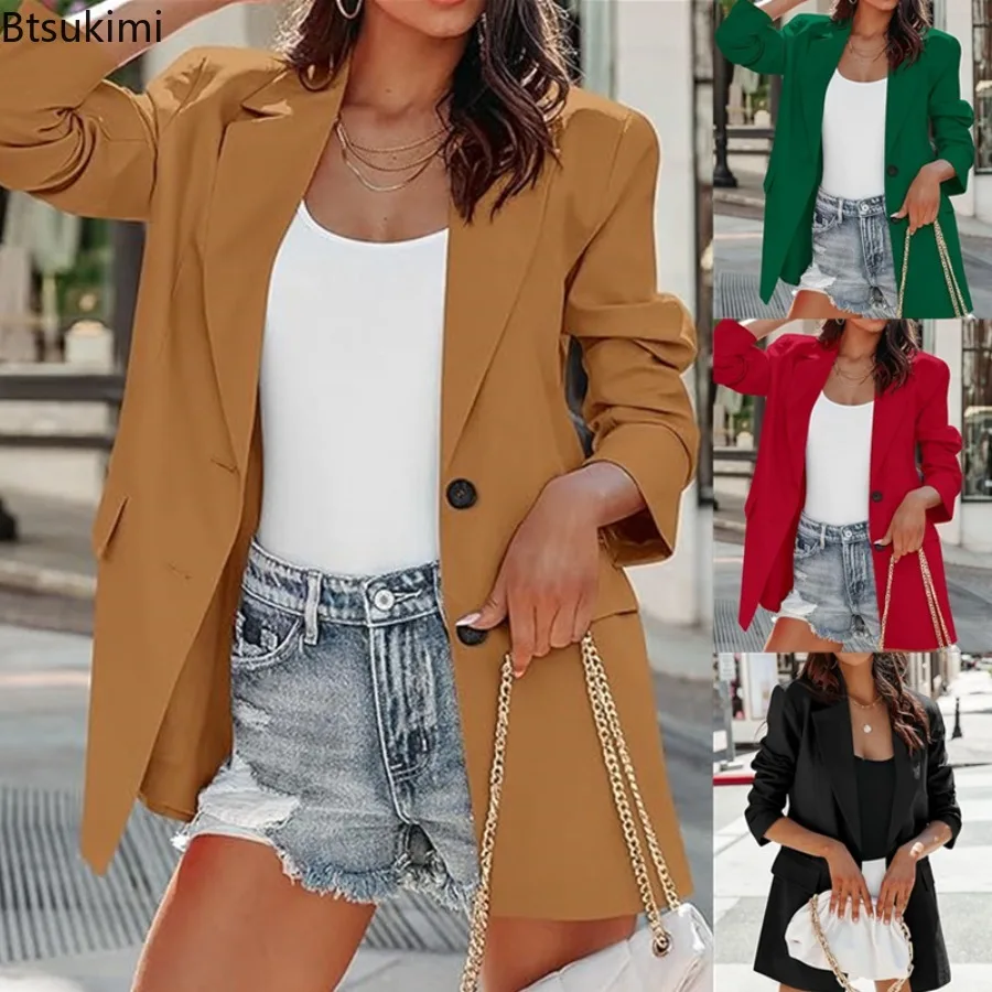 

Women's Autumn Jacket Solid Color Long Sleeve Turndown Collar Button Pocket Casual Fashion Comfortable Regular Elegant Blazer