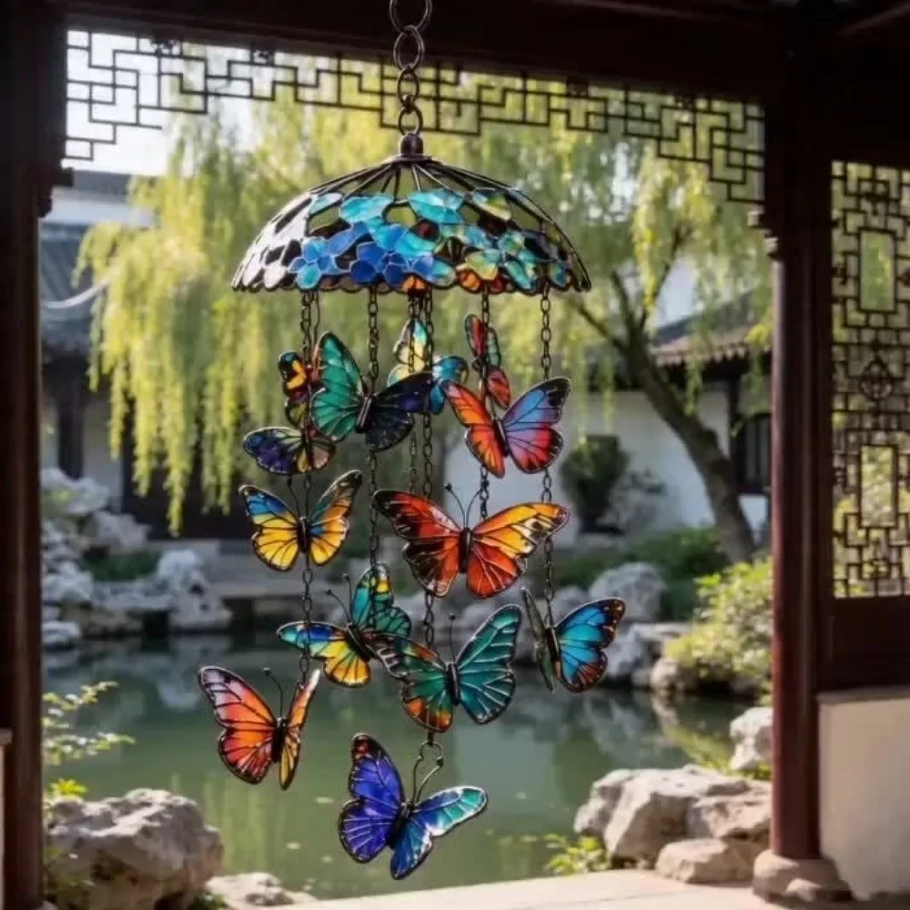 Creative Butterfly Wind Chimes Colorful Exquisite Garden Pendant Retro 2D Flat Butterfly Hanging Ornaments Home Decoration