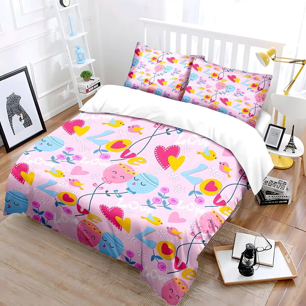 Romantic cartoon hearts and birds background Bedding Set 1 Duvet Cover 2 Pillowcases for Adult Children Luxury Gift Full Size