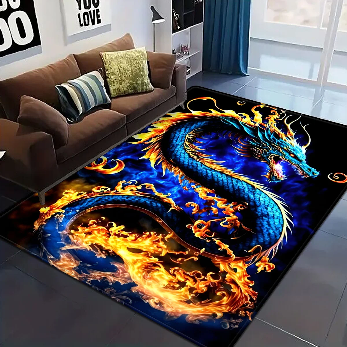 Vivid Flame Dragon Rug – Fiery Blue & Orange Dragon Design, Soft Fade-Resistant Polyester for Bedroom or Living Room