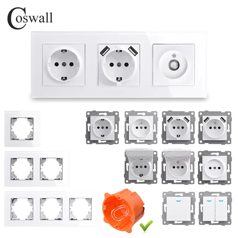 COSWALL HG Series White Glass Panel Wall Light Switch EU Standard Socket USB Charging CAT6 Internet Satellite TV Module DIY