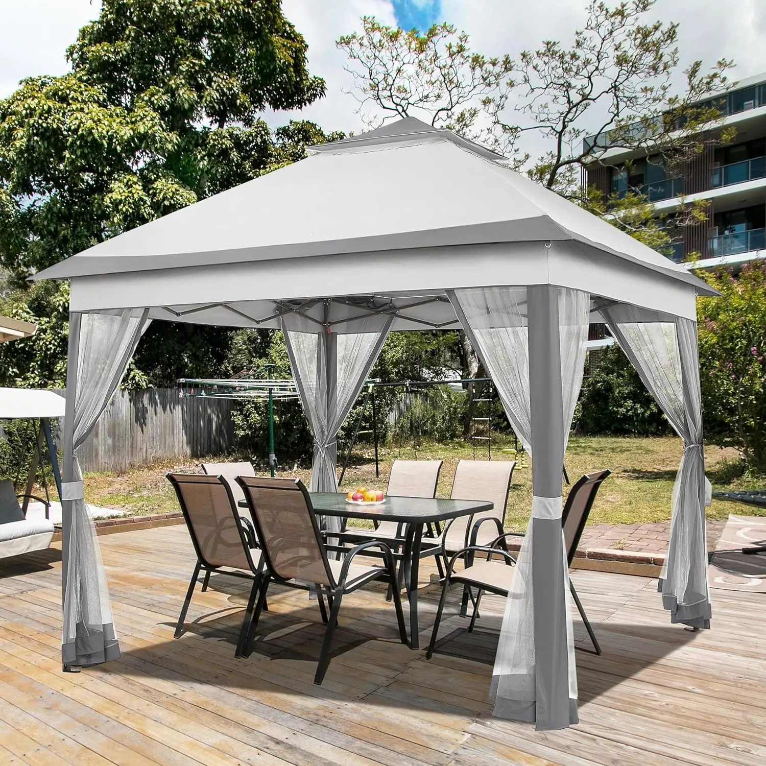 Pop Up Gazebo Outdoor Canopy Shelter Instant Patio Gazebo Sun Shade Canopy Tent with 4 Sandbags 2 Tiers Roof & Mesh Netting