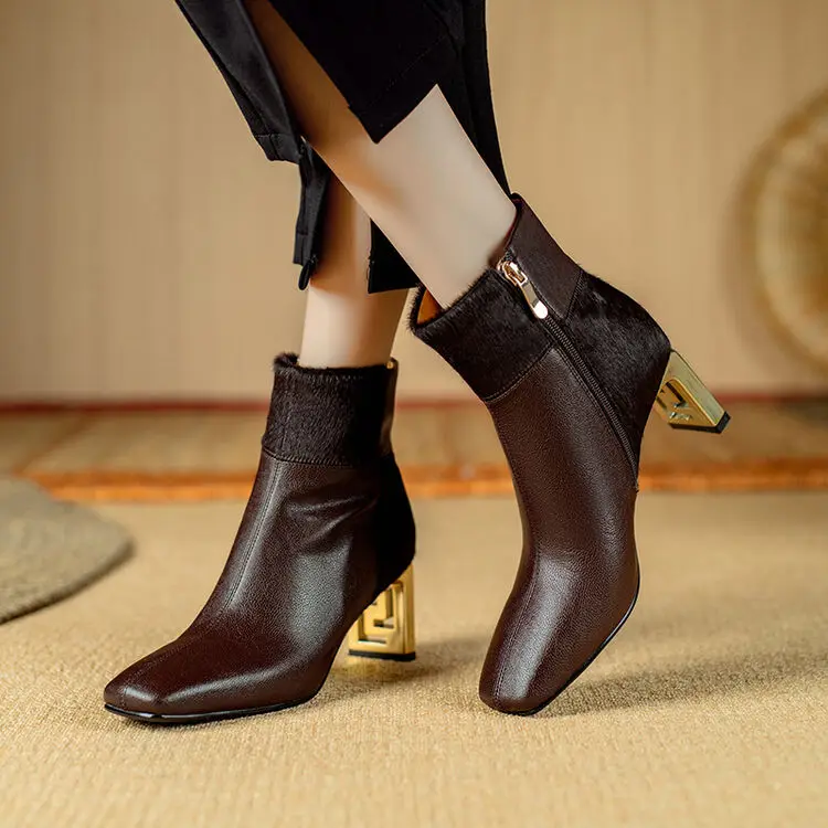 Luxury Horsehair Patchwork Leather Women Boots Black Formal Work Stilettos Metal Fretwork High Heels Short Botines Femininos