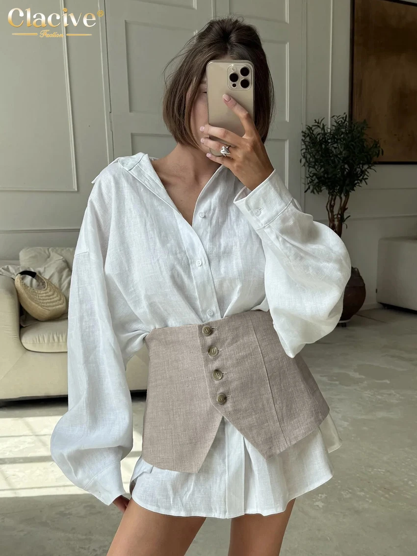 

Clacive Fashion Loose White Cotton Women's Two Pieces Set 2025 Elegant Long Sleeve Shirt With High Waist Mini Skirt Set Female