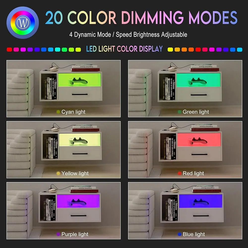 منضدة عائمة مع قاعدة شحن وشرائط إضاءة LED، حامل ليلي مقاس 21.3 بوصة مع أدراج، بجانب سرير عائم مع USB