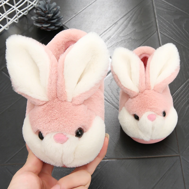 New Winter Cute Rabbit Cartoon Warm Cotton Slippers Children Baby Girls Indoor Floor Flat Non-Slip Heel Wrap Home Plush Shoes