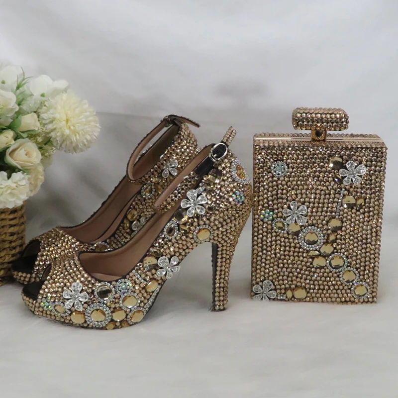 Zapatos de boda de cristal con punta abierta para mujer, bolsos a juego, moda nupcial, zapatos de tacón alto y grueso, zapatos de vestir de fiesta con correa en el tobillo