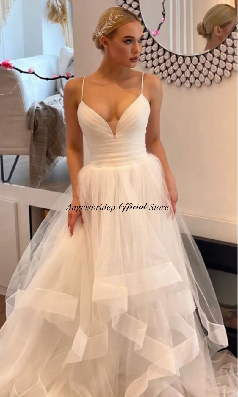 Angelsbridep-Robes de mariée en tulle A Line Boho pour femmes, col en V, bretelles spaghetti, volants, robe de mariée élégante, quelle que soit la mariée, 2023