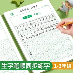 Alunos da escola primária nas notas 1, 2 e 3, volume 1 e volume 2, ordem chinesa do traço do caráter, matriz do ponto, traço vermelho, um