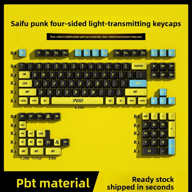 

SPYSELF Cyberpunk Четырехсторонние полупрозрачные колпачки для клавиш Pudding Материал ПБТ Термосублимация