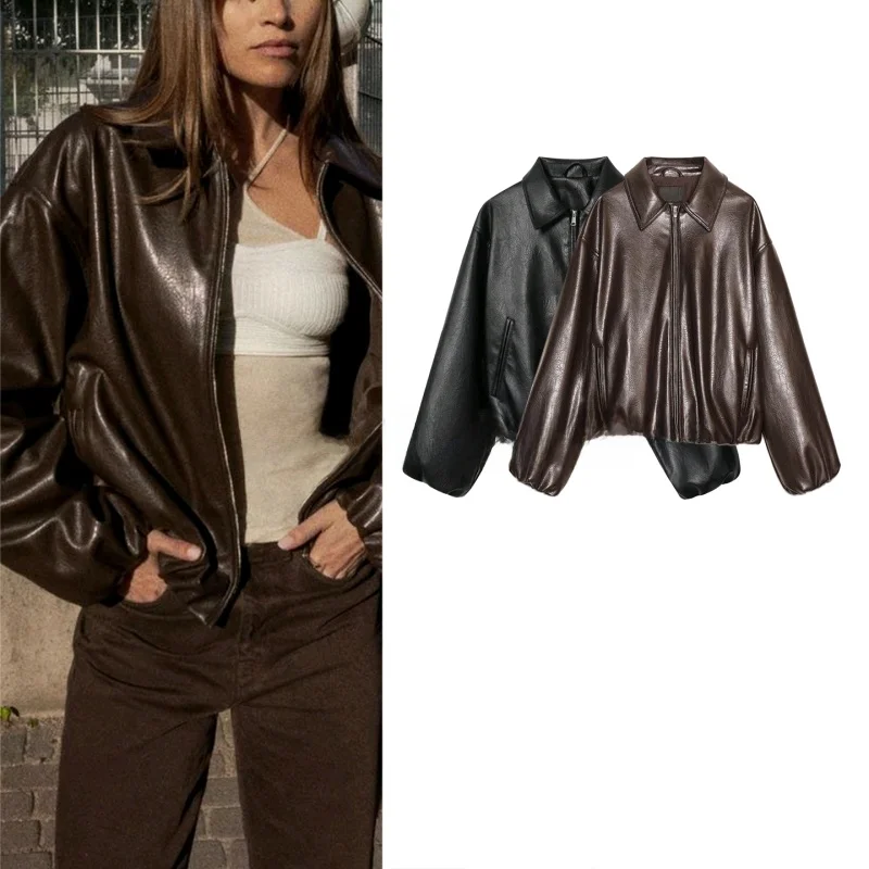 

Loose Long Sve PU Leather Pilot Jaet Women's Faion Autumn New Sle Zipper Closure Collar Outerwear Coat