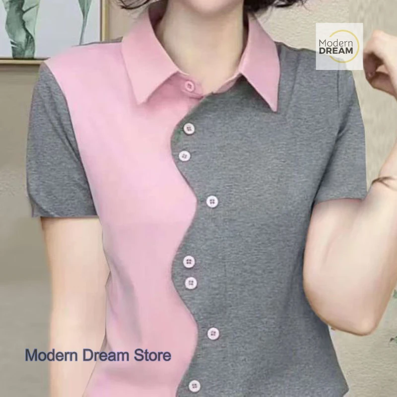 

Summer new plus size loose mother fashion color matching age-reducing short-sleeved T-shirt female Joker casual slim top.