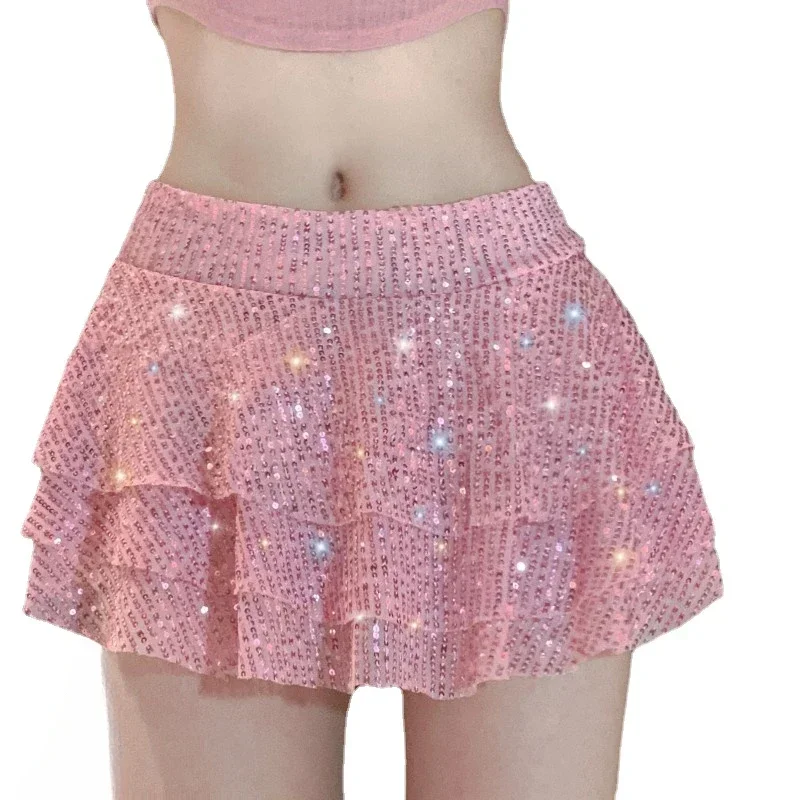 

Personalized Spicy Girl Sexy Ultra Short Skirt for Women's Nightclub DJ Mini Skirt Pink Sequin Multi-layer Ruffle Edge