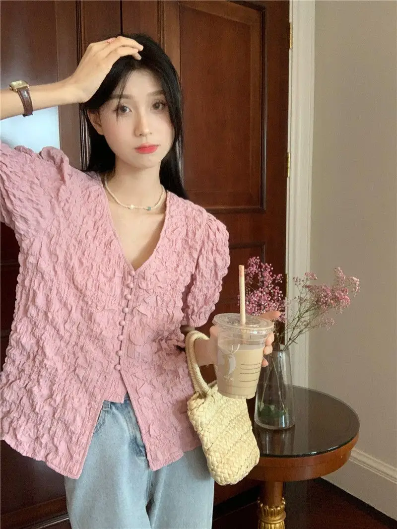 Large Size Texture Puff Sleeve Shirt Women Summer Design Sense Niche French Unique V-neck Solid Color Pleated Short Sleeved Tops