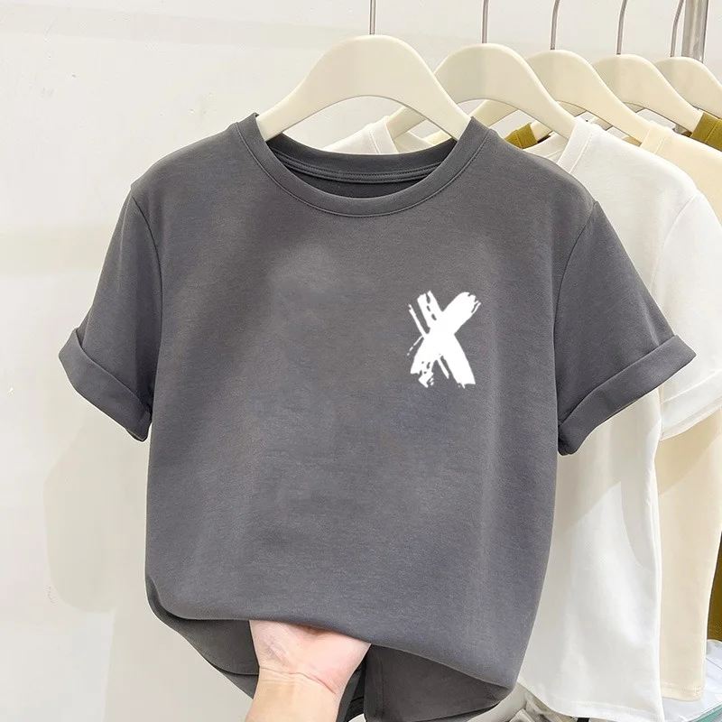 تي شيرت نسائي جديد من القطن الخالص بأكمام قصيرة لعام 2023 بعرض الكتف ومقاس منتظم للصيف عصري متعدد الاستخدامات برقبة مستديرة #1