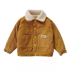 Boys' Coat 2022 Autumn New Corduroy Cashmere Middle and Little Children's Winter Clothes Double Sided Jacket Lamb Fleece Top