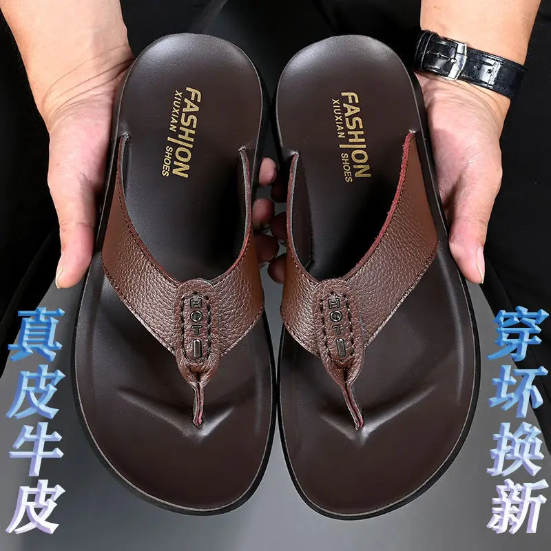 Hot sale Men\'s slipper Non-slip Genuine Leather Flip-Flops Soft Slippers Flat For Mens Casual Shoes Sandalias MSA515