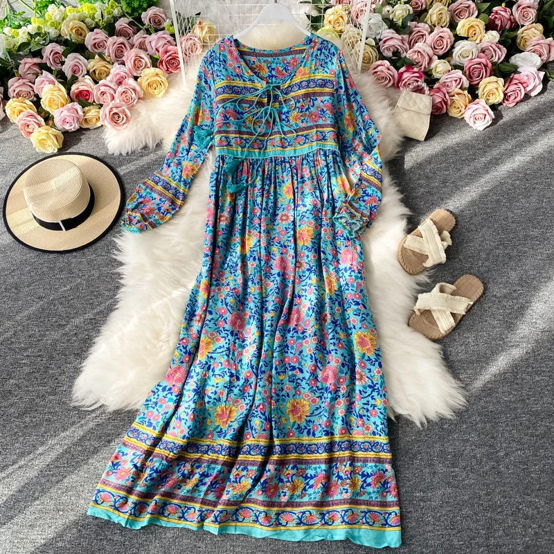 Vintage Women\'s Beach Skirt Dress Long Sleeve Floral Print Beach Bohemian Straight V-neck Maxi Dress Summer Ladies Dress