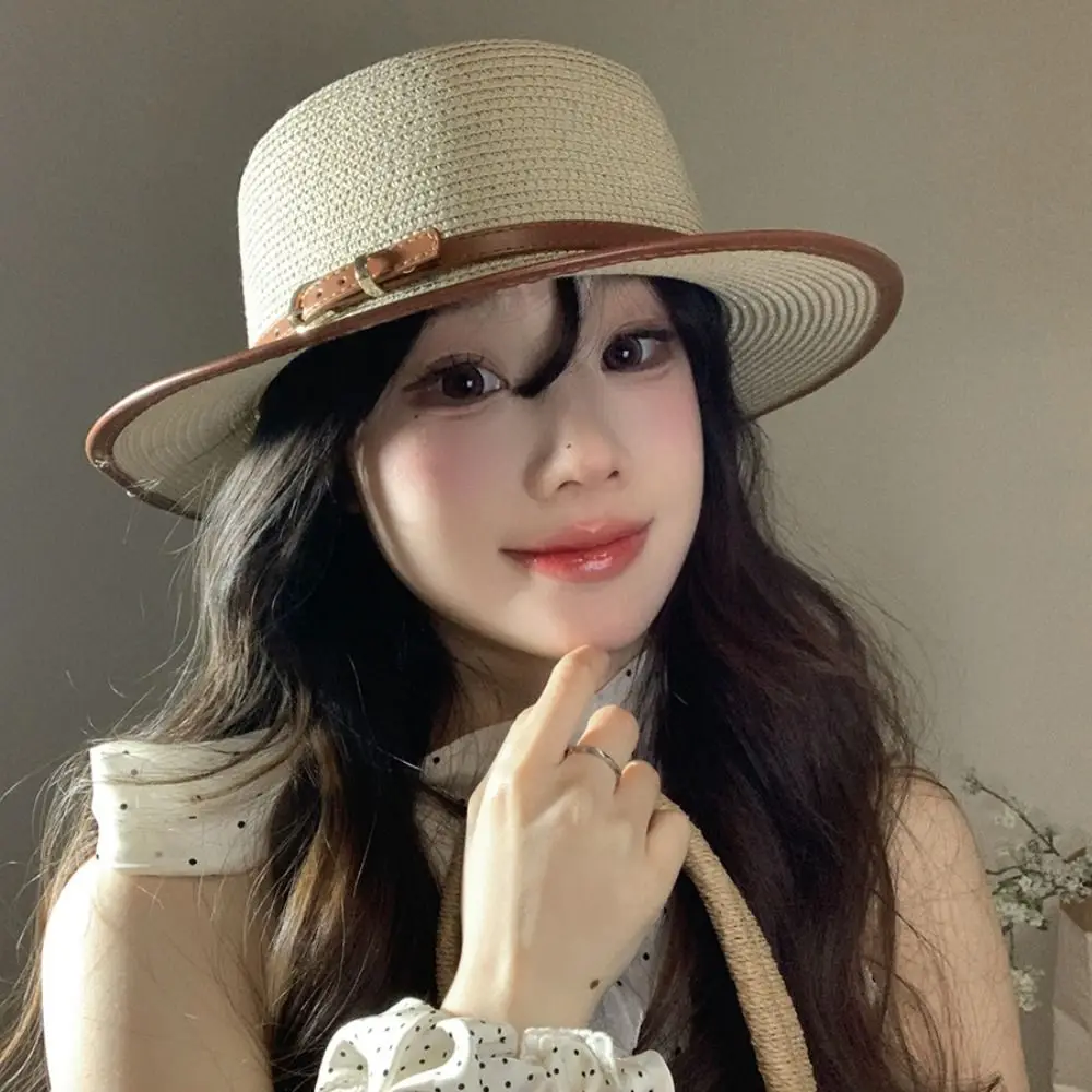 

Simple Korean Style Straw Woven Hat Flat Brim Wide Brim Women's Sun Hat Sunscreen Concave Top Flat Top Cowboy Cap Hiking