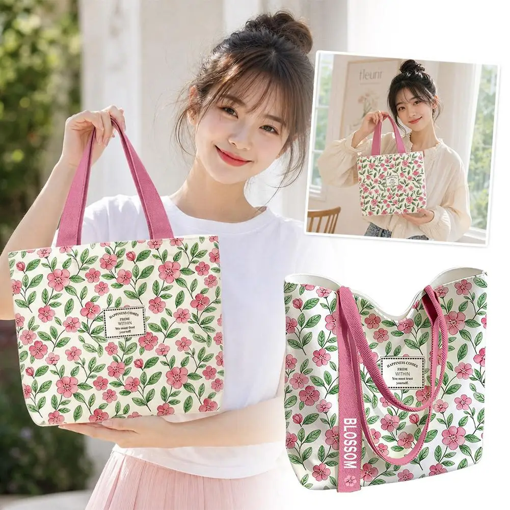 Sweet Women's Bag Durable Canvas Tote Bag Open Top Floral & Lemon Print Single Shoulder Bag Large Capacity Handbag Gift