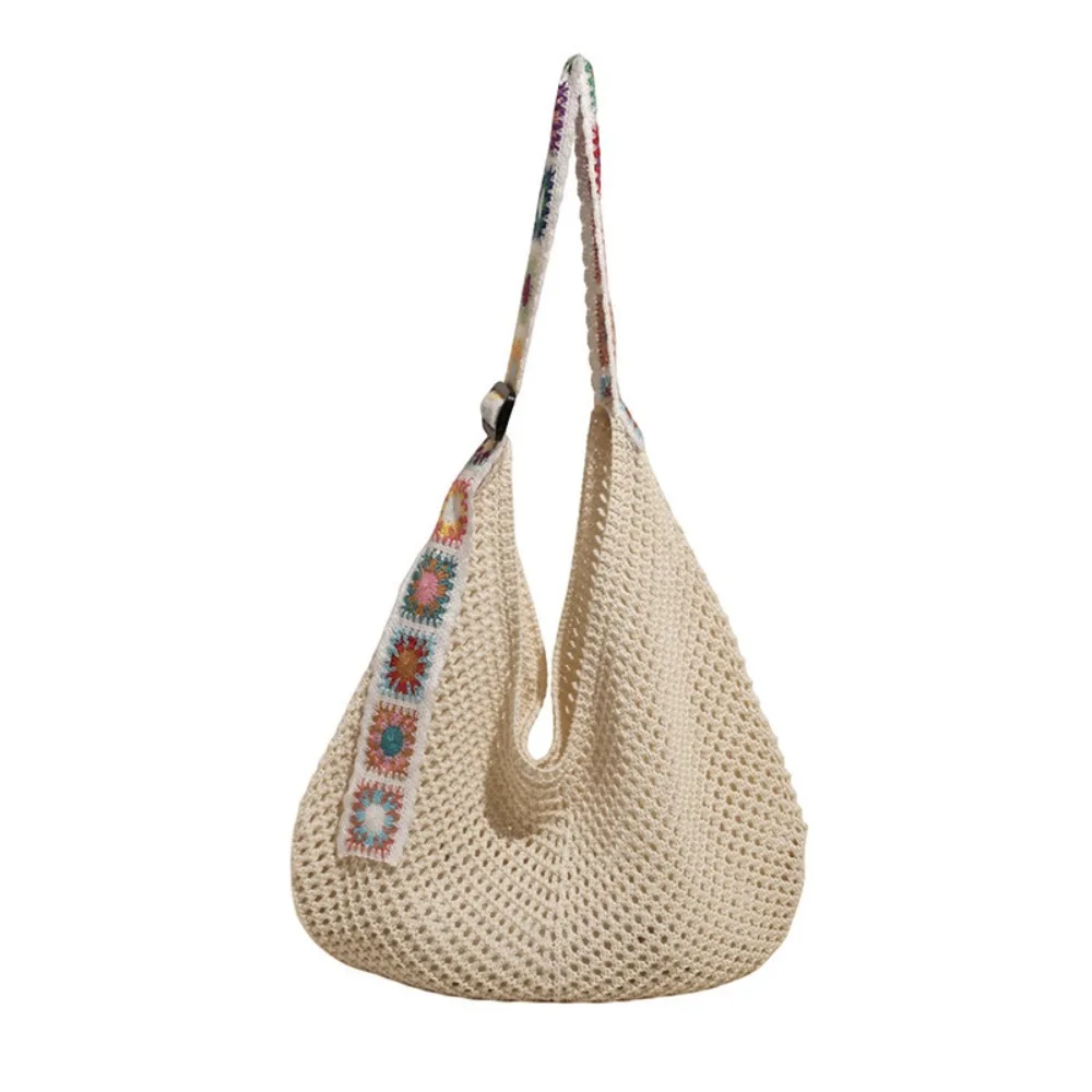 

Новая большая вместительная вязаная крючком сумка-тоут с цветком, легкая полая тканая сумка с вышитым ремешком, вязаная сумка женская