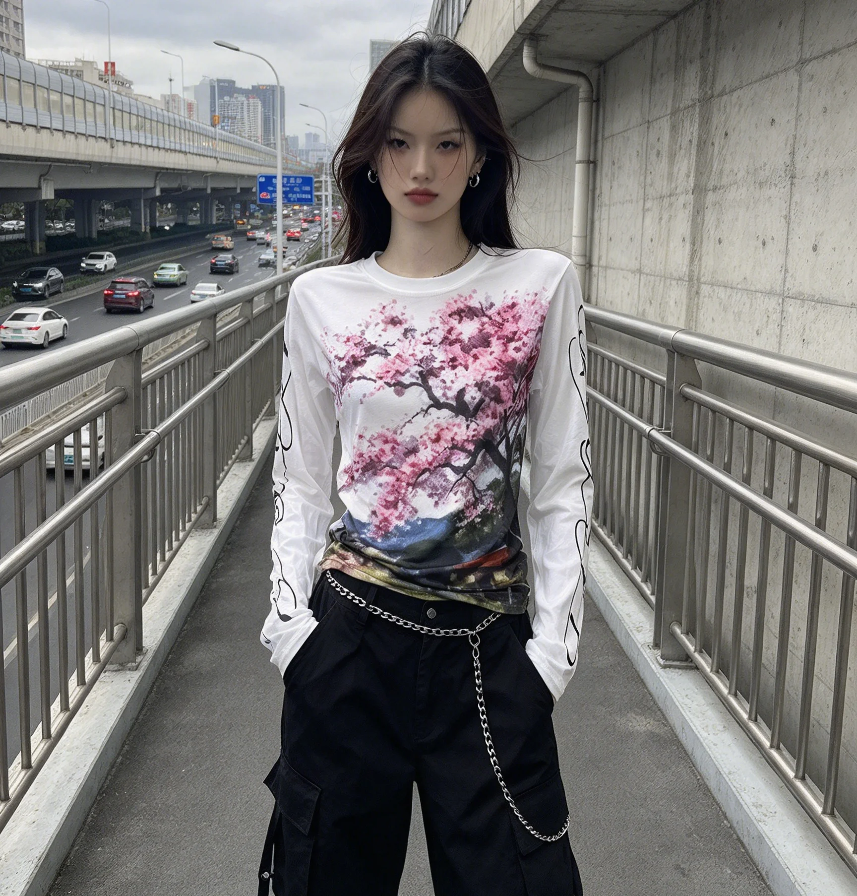 British Punk-style Cherry Blossom Print Streetwear Cool T-shirt