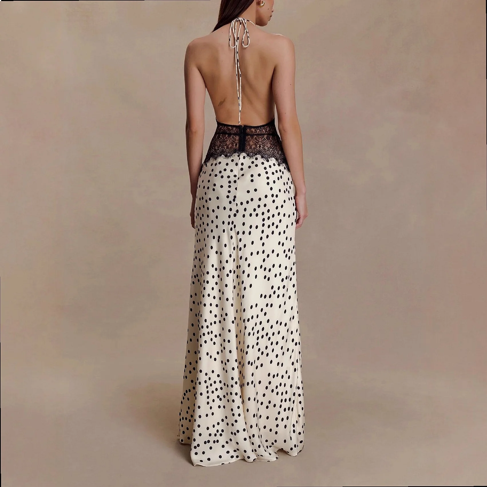 Polka Dot Dress Women Sexy Backless Bodycon Maxi Dresses Spring Summer Waist Tie