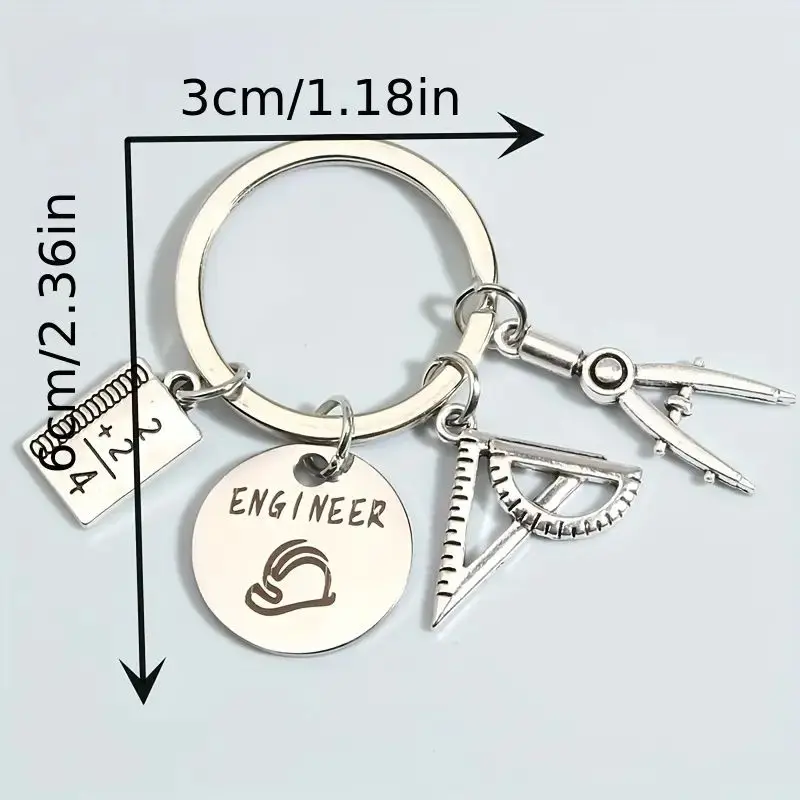 1pc Ruler Engineer Compass Tools Keychain Metal Key Ring Purse Bag Backpack Car Key Charm Graduation Day Gift