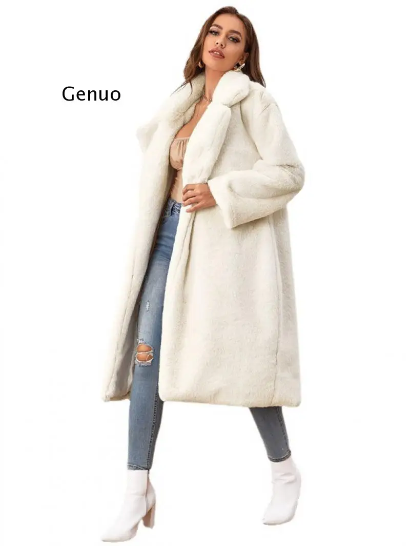 Manteau Long en fausse fourrure de lapin pour femme, de luxe, à revers ample, épais et chaud, en peluche, grande taille, hiver