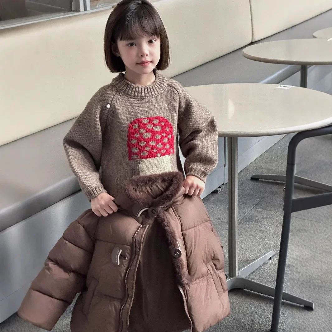 Girls Sweater 2024 Winter New Childrens Wear Korean Style Girl Baby Cartoon Mushroom Long-sleeved Sweater Casual Simple Daily