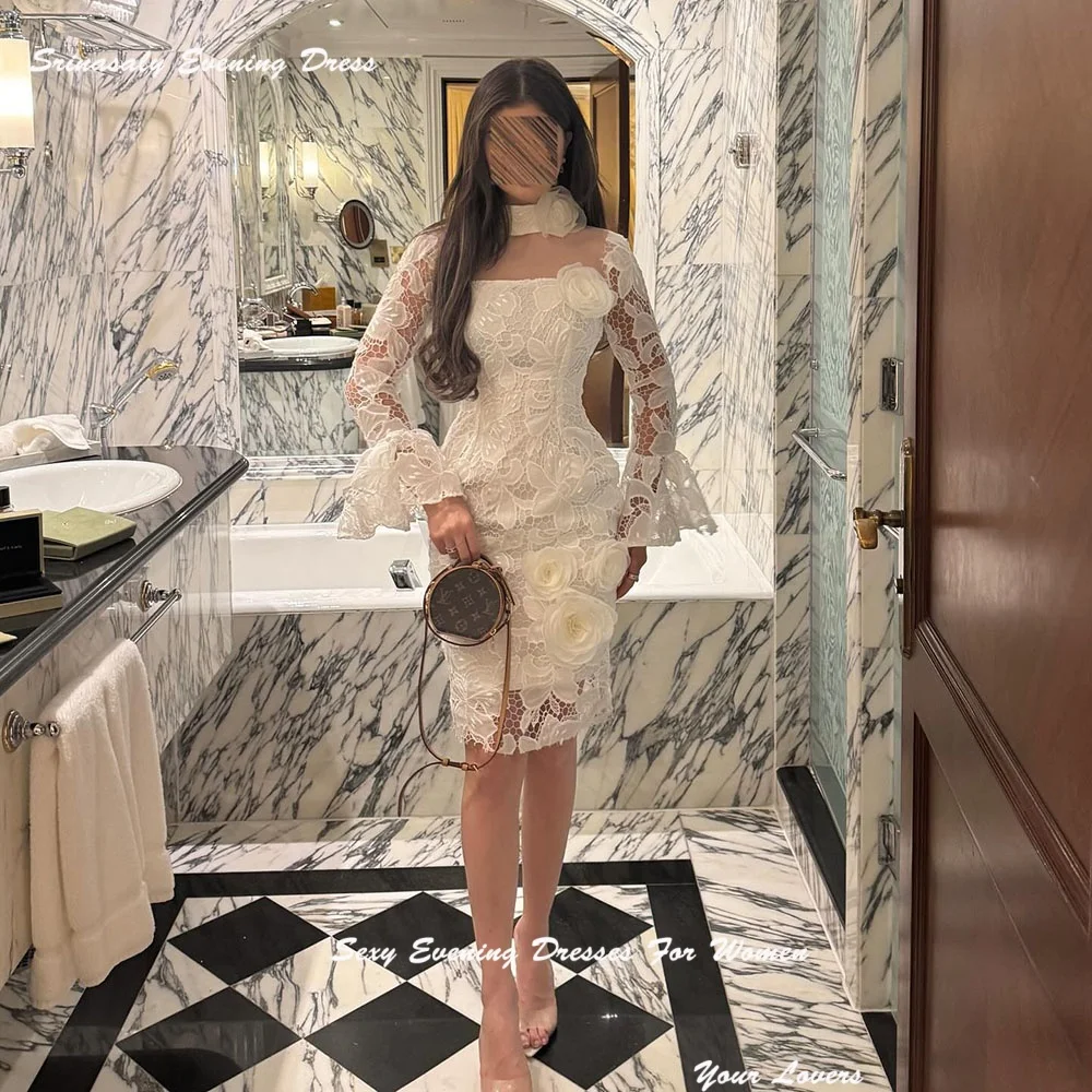 

Elegant Customized Lace Homecoming Dresses High Neck MIni Evening Dress Puff Sleeve Cocktail Party Gowns Summer Tea Length Gown