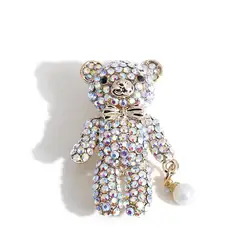 Sparking Rhinestone Lovely Teddy Bear Pearl Brooches For Women Unisex Creative Trendy Wedding Party Brooch Pin Cute Jewelry Gift